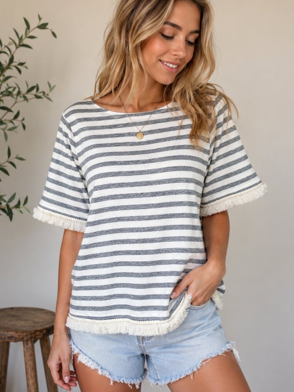 The Royal Standard Medium Gray White Striped Fringe Trim Cotton Top Boho Coastal